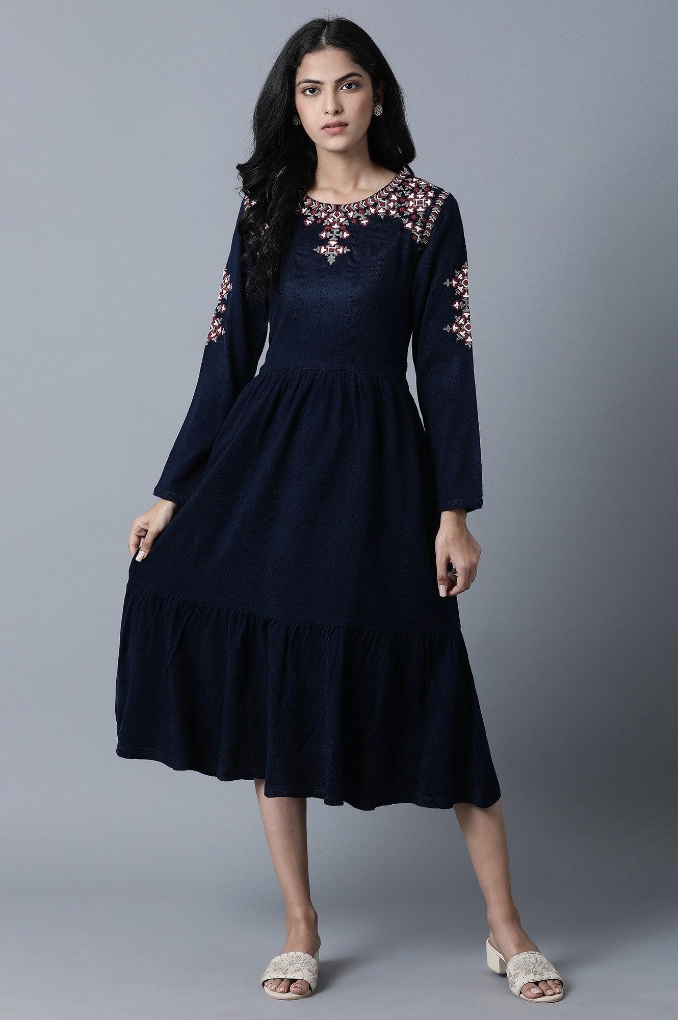 Navy Round Neck Gathered Dress