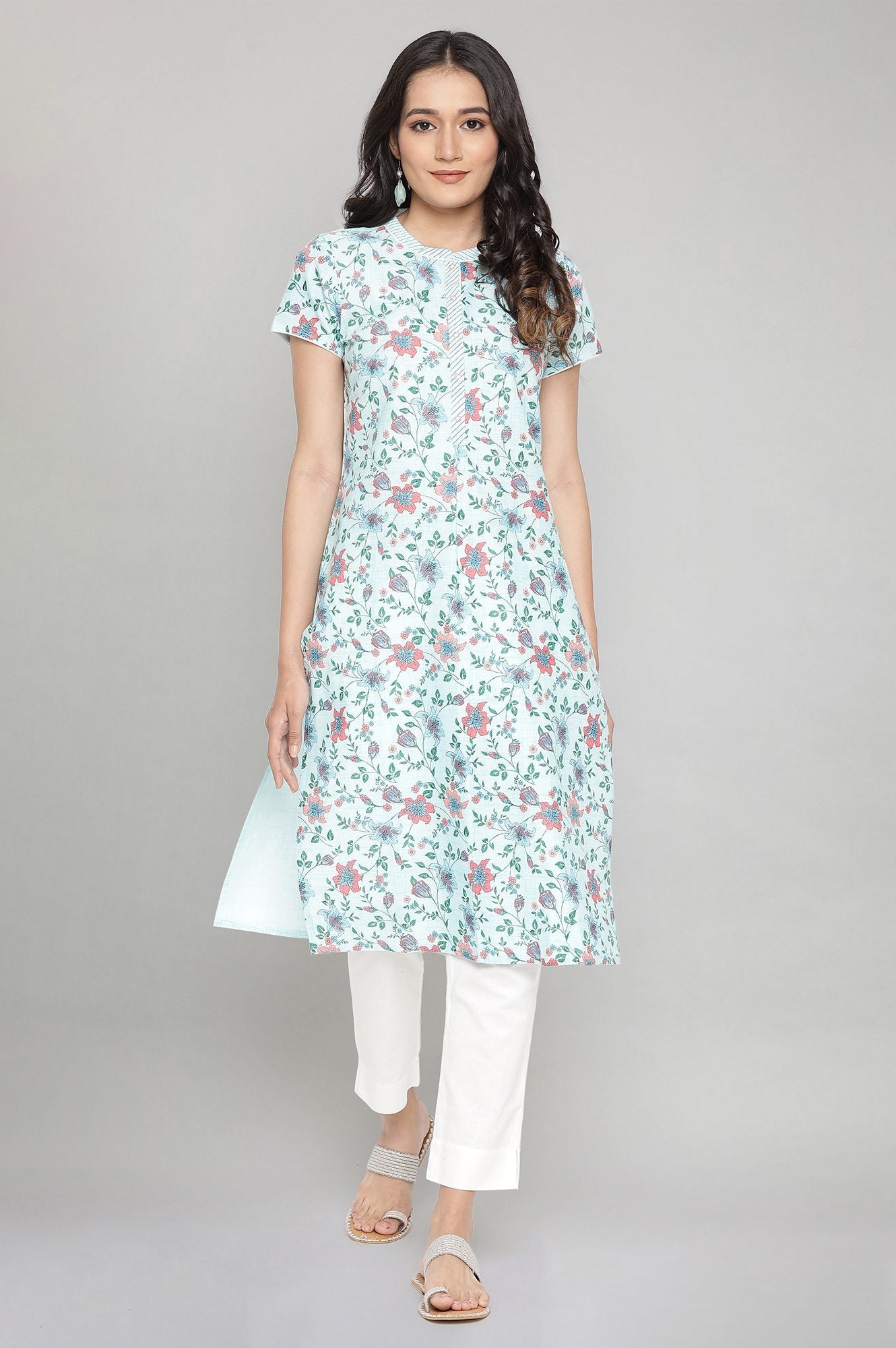 Blue Cotton Floral kurta