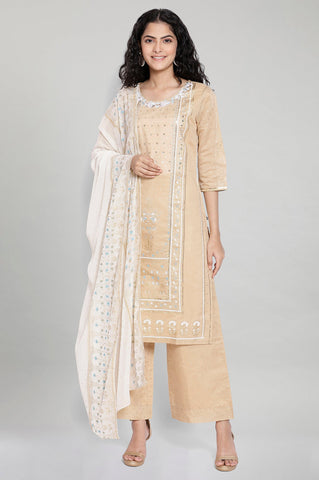 Beige Printed kurta-Palazzo Dupatta Set