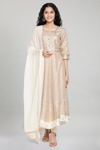 Beige Printed kurta-Tight- Dupatta Set