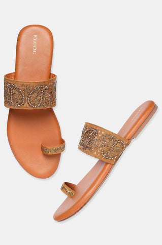 Mustard Round Toe Embroidered Flat-Sgul