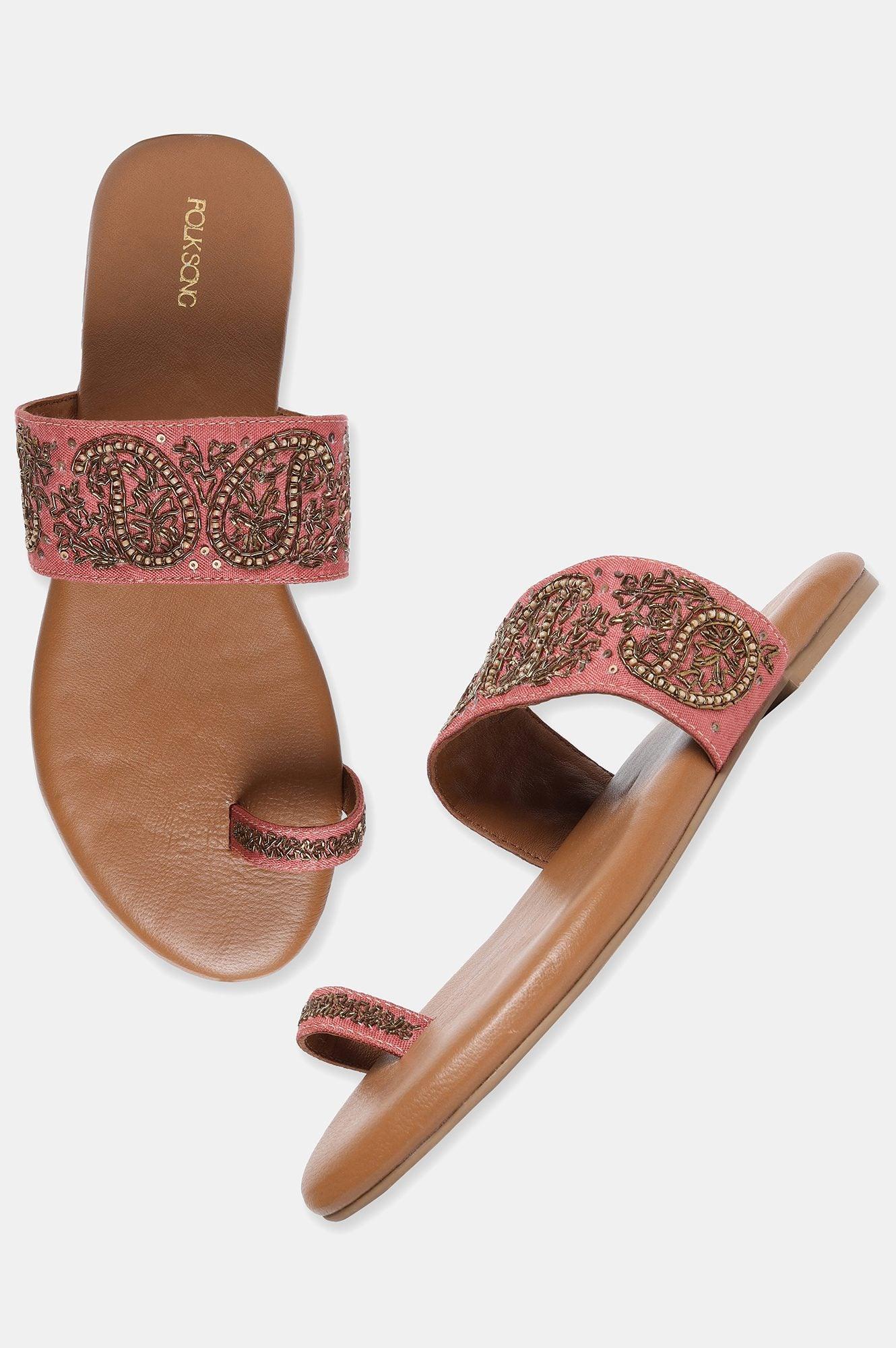 Pink Embroidered Round Toe Flat-SGul