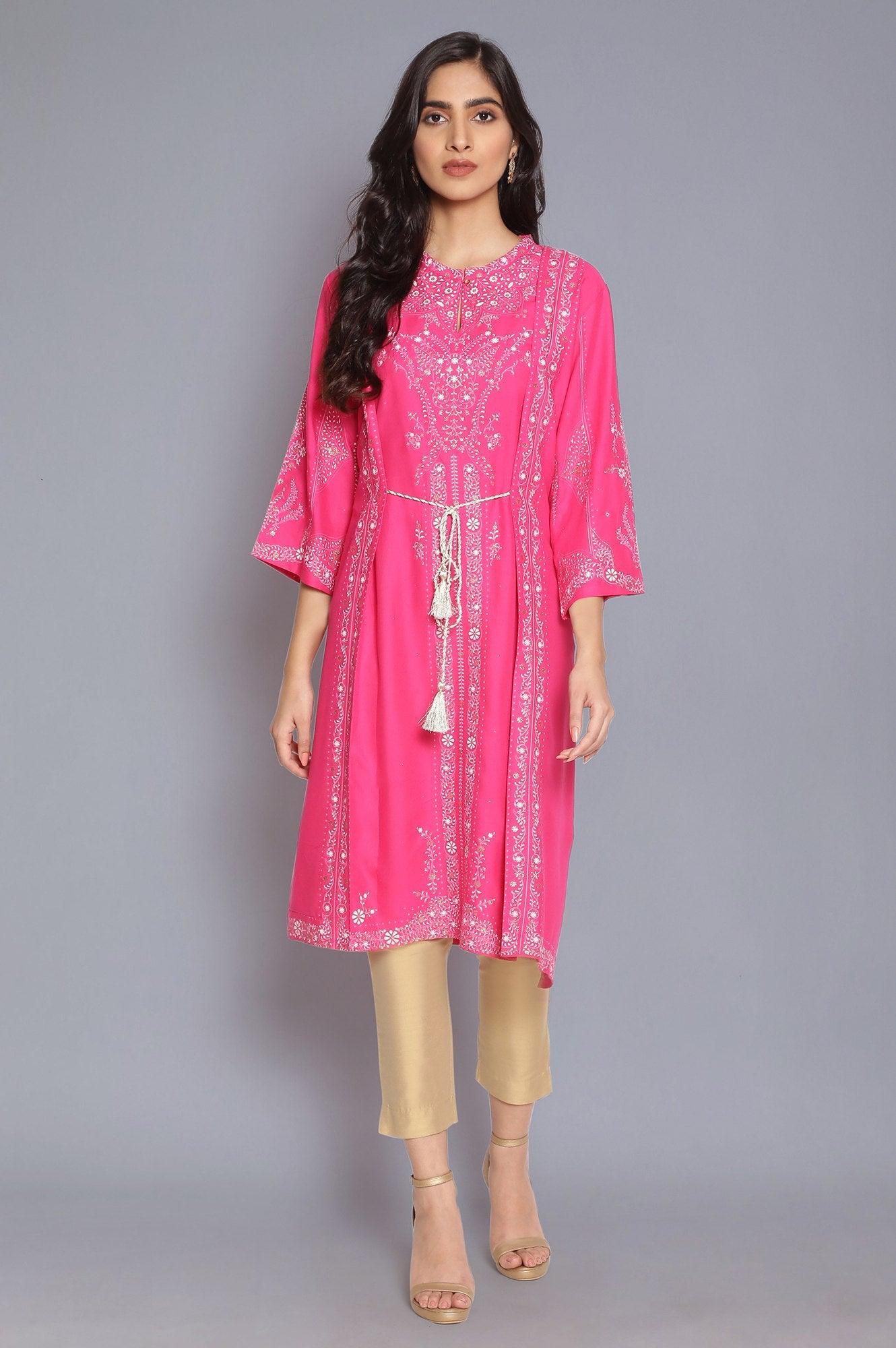 Dark Pink Printed Straight kurta