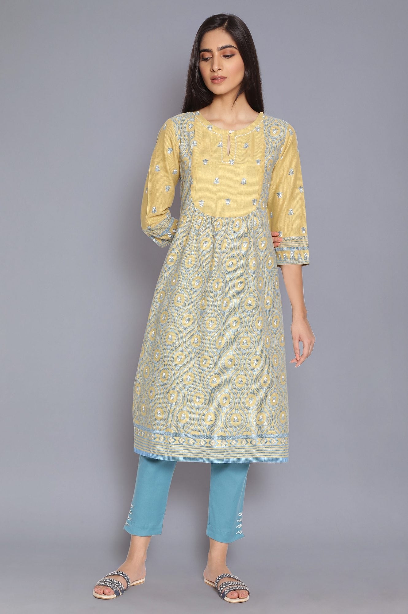 Pale Yellow and Stone Blue kurta