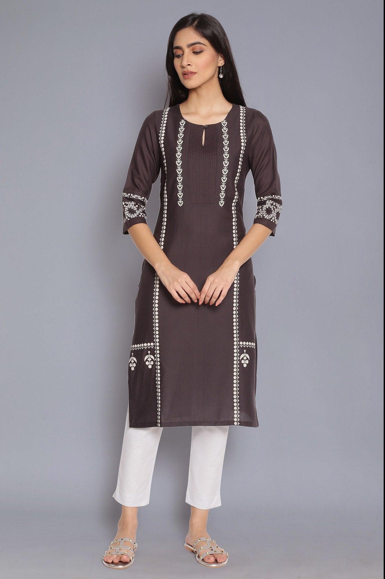 Dark Grey Printed kurta with Embroidery