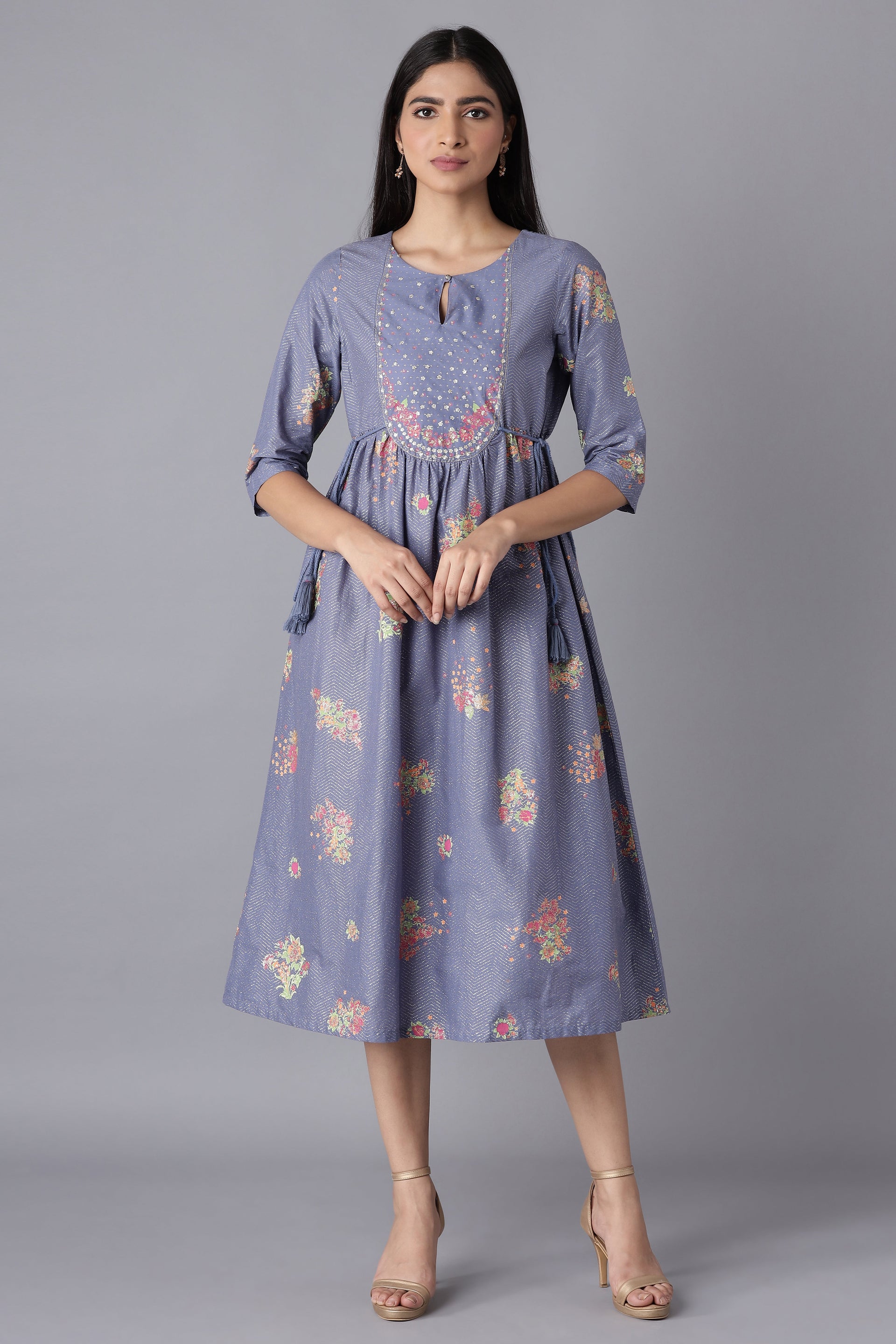 Blue Glitter Printed Midi Dress