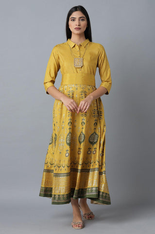 Mustard Printed Dress With Belt