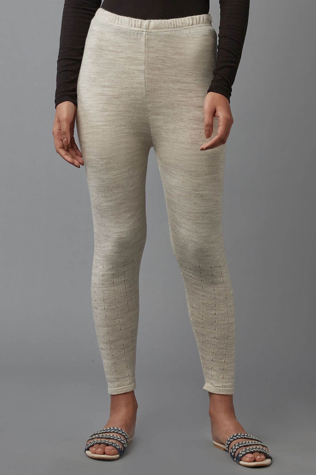 Beige Solid Straight Fit Acrylic Palazzo With Elasticated Waist