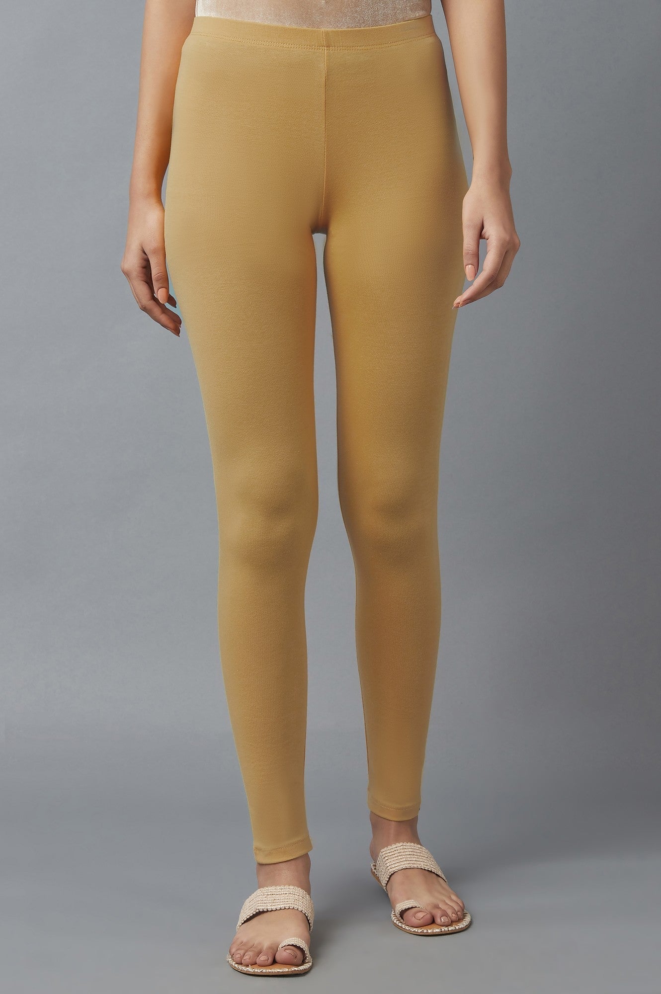 Beige Solid Skinny Fit Cotton Tights With Elasticated Waist