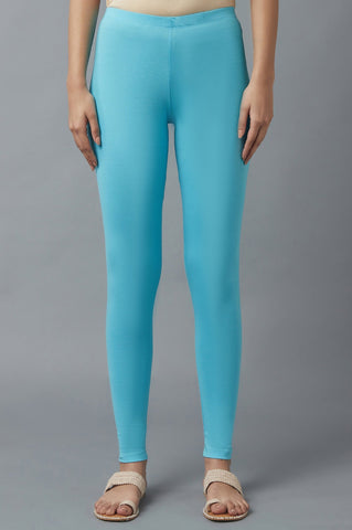 Blue Solid Skinny Fit Cotton Tights With Elasticated Waist