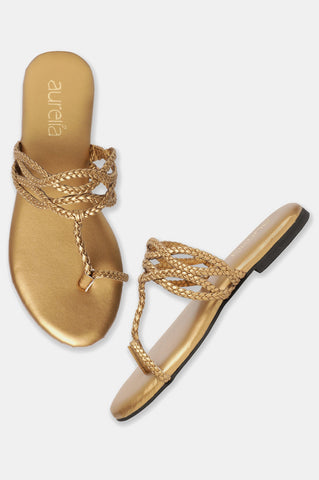 Aurelia Woven Design Antique Gold Round Toe Flat