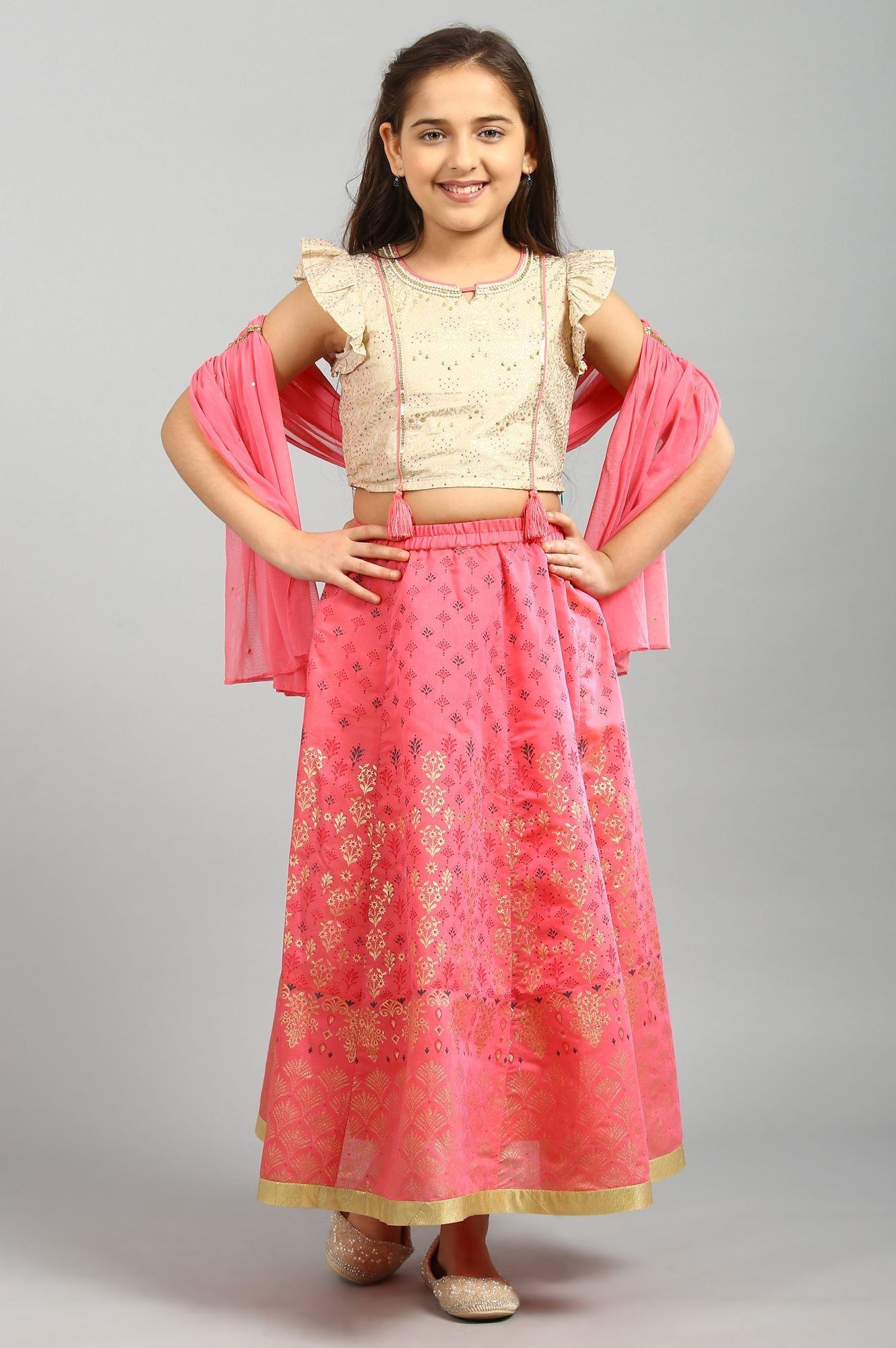 Beige Top-Pink Skirt-Dupatta Girls Set