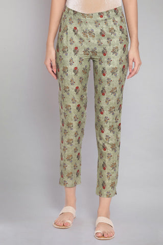 Smoked Green Floral Print Slim Pants