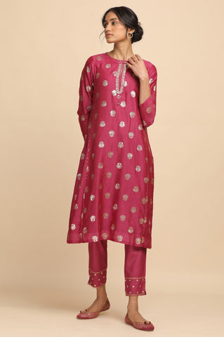 Bright Pink Jacquard kurta in Cotton Silk