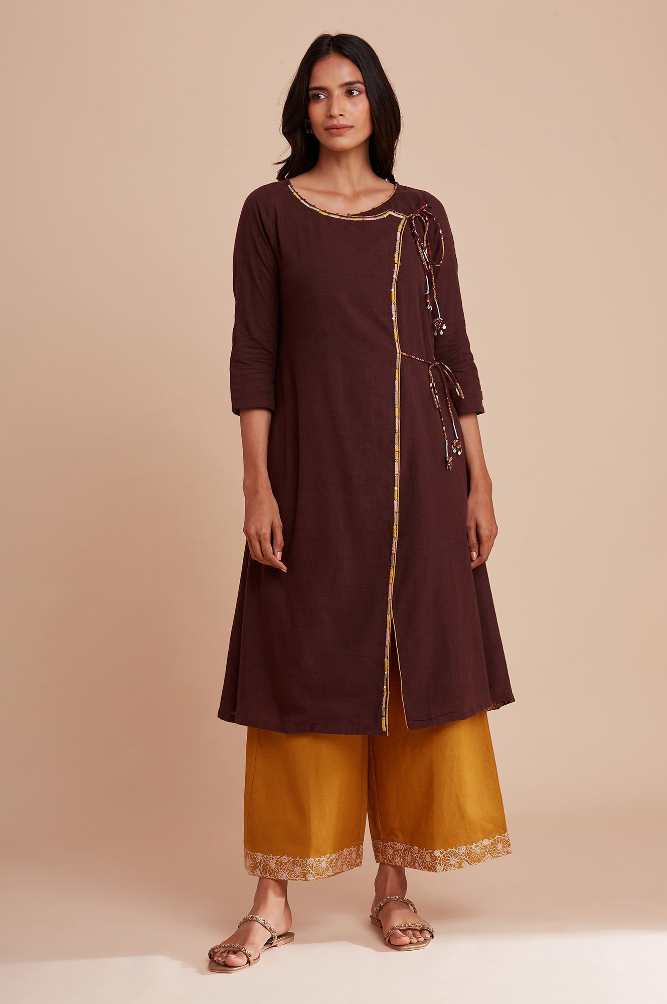 Brown Wrapped cotton kurta with tie up detail