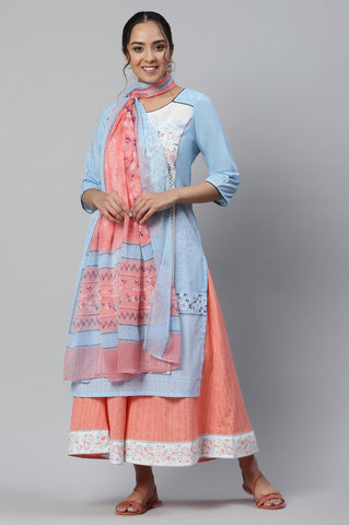 Blue Straight Kurta, Peach Culottes And Dupatta Set