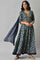 Blue Floral Printed with Zari Embroidery Liva Dress and Dupatta Set