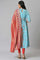 Blue Foil Printed Kurta with Red Tights and Printed Dupatta Set