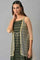 Biege Sequined Gillet with Strappy Green Printed Inner Dress