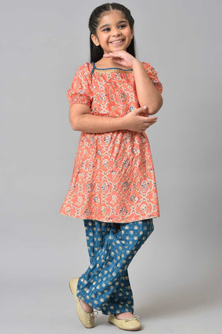 Girls LIVA Peach Floral Foil Print with Blue Straight Palazzo Set