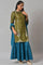 Olive Green Embroidered kurta With Teal Flared Pants And Dupatta