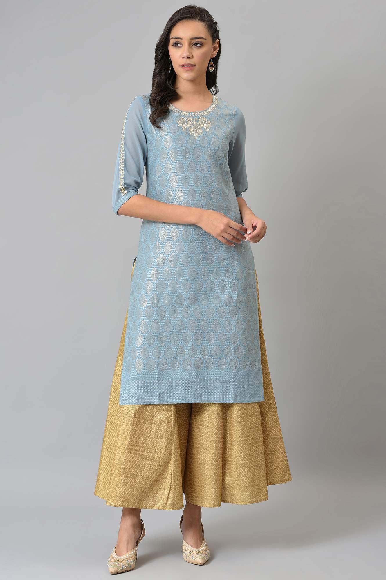 Sky Blue Jacquard kurta With Embroidery