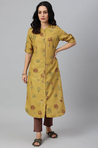 Mustard Rayon Printed Button Down kurta