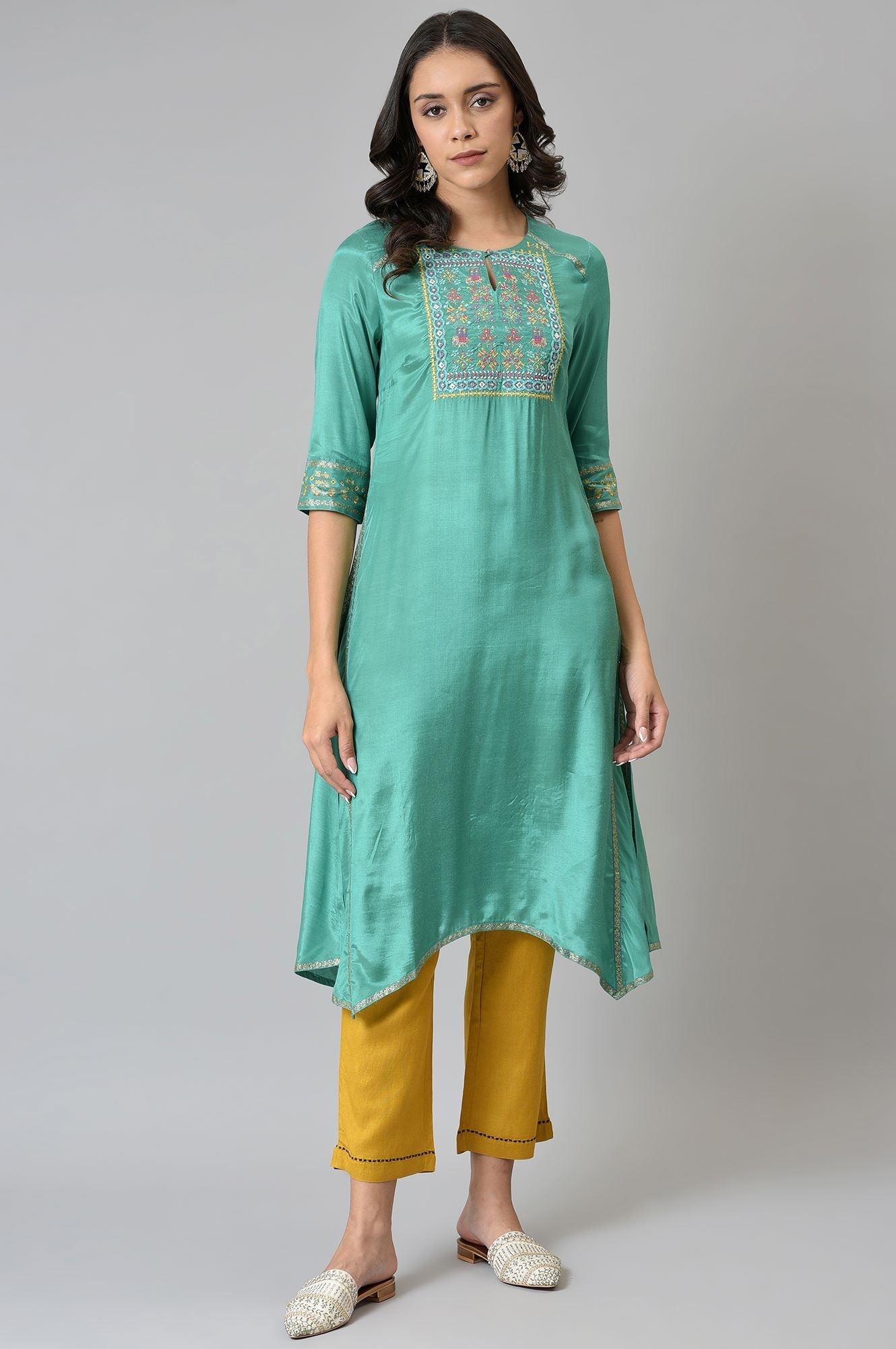 Marine Green Embroidered and Mirror work Kurta