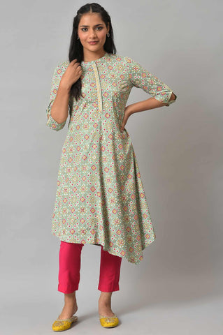 Mint Green Print kurta With Asymmetric Hemline