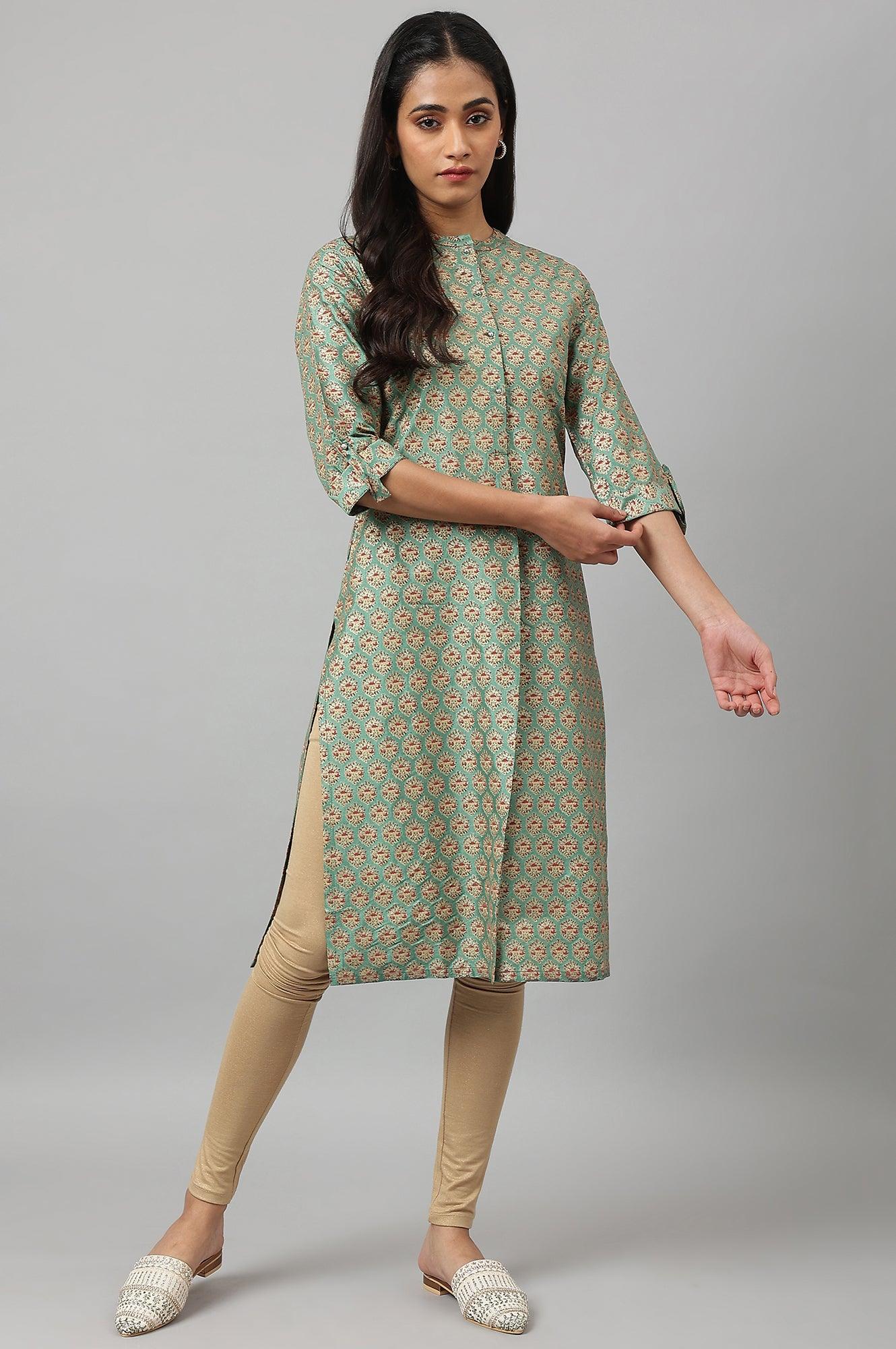 Green Glitter Printed kurta In Mandarin Collar