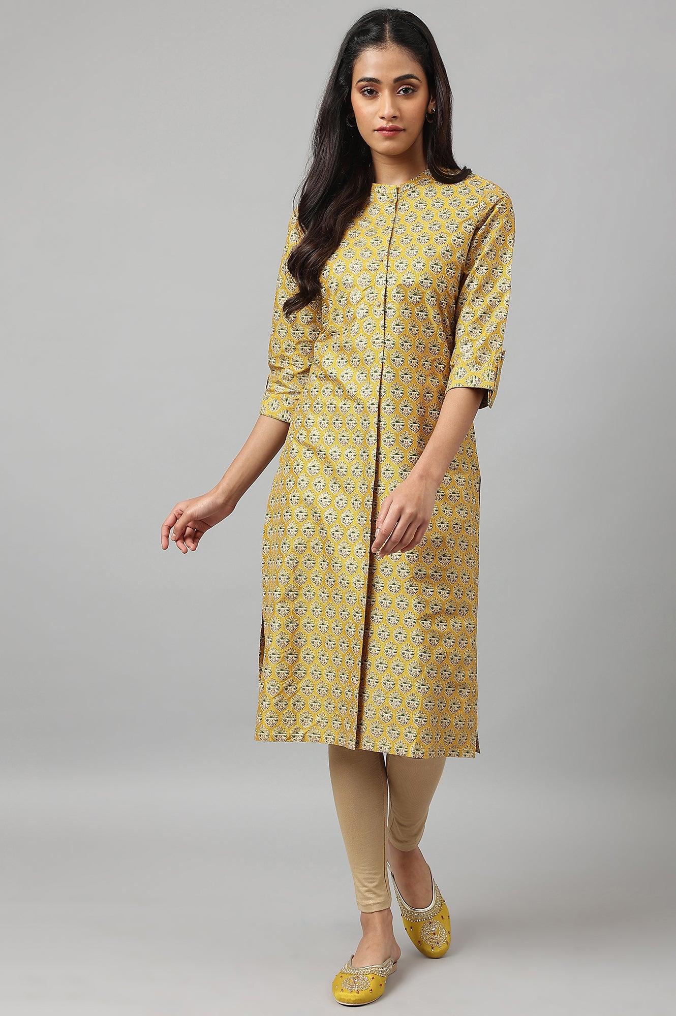 Mustard Glitter Printed kurta In Mandarin Collar