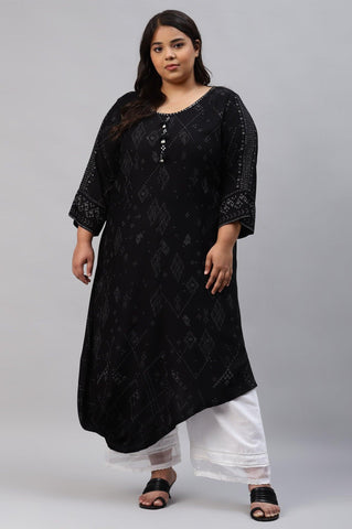 Plus Size Black Printed A-Line kurta With Cowl Hemline