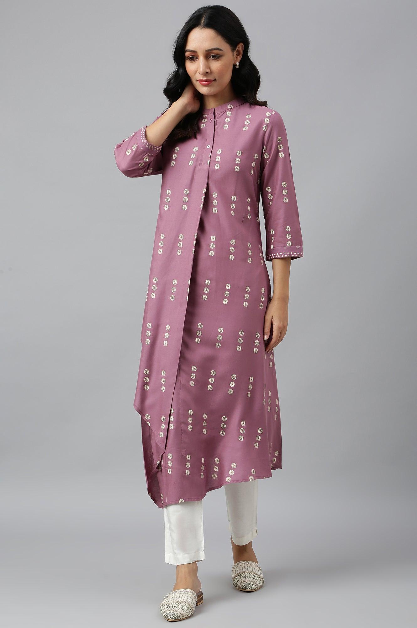 Purple Asymmetric Hemline kurta In Mandarin Collar