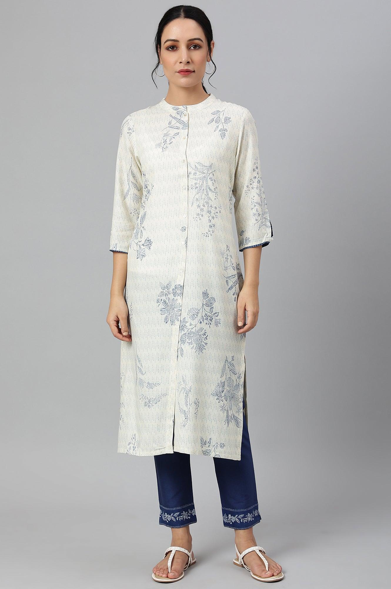 Ecru And Blue Button Down kurta