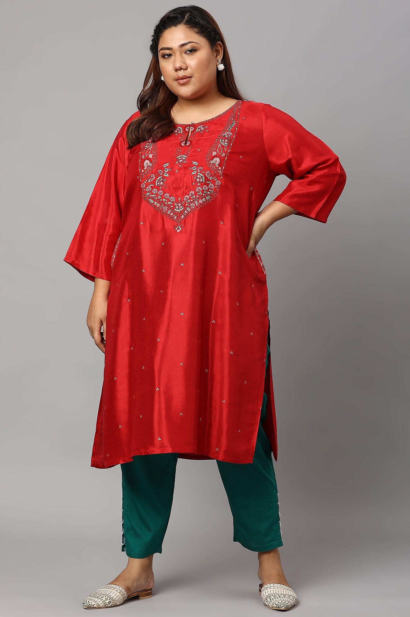 Plus Size Red Embroidered Shantung kurta