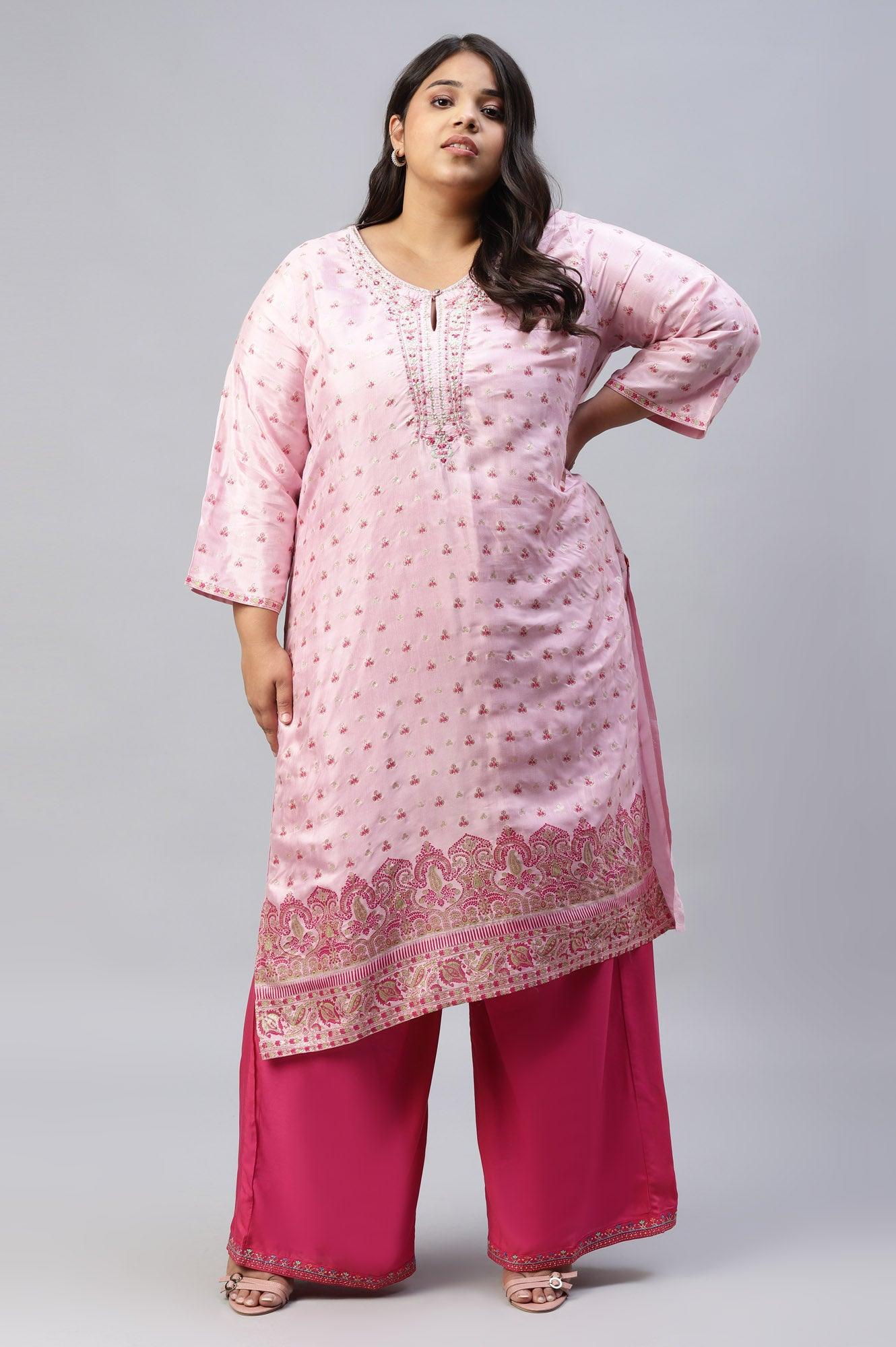 Cameo Pink Floral Printed And Embroidered Plus Size kurta