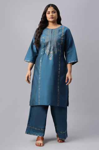 Plus Size Blue Mukaish Placement Print kurta