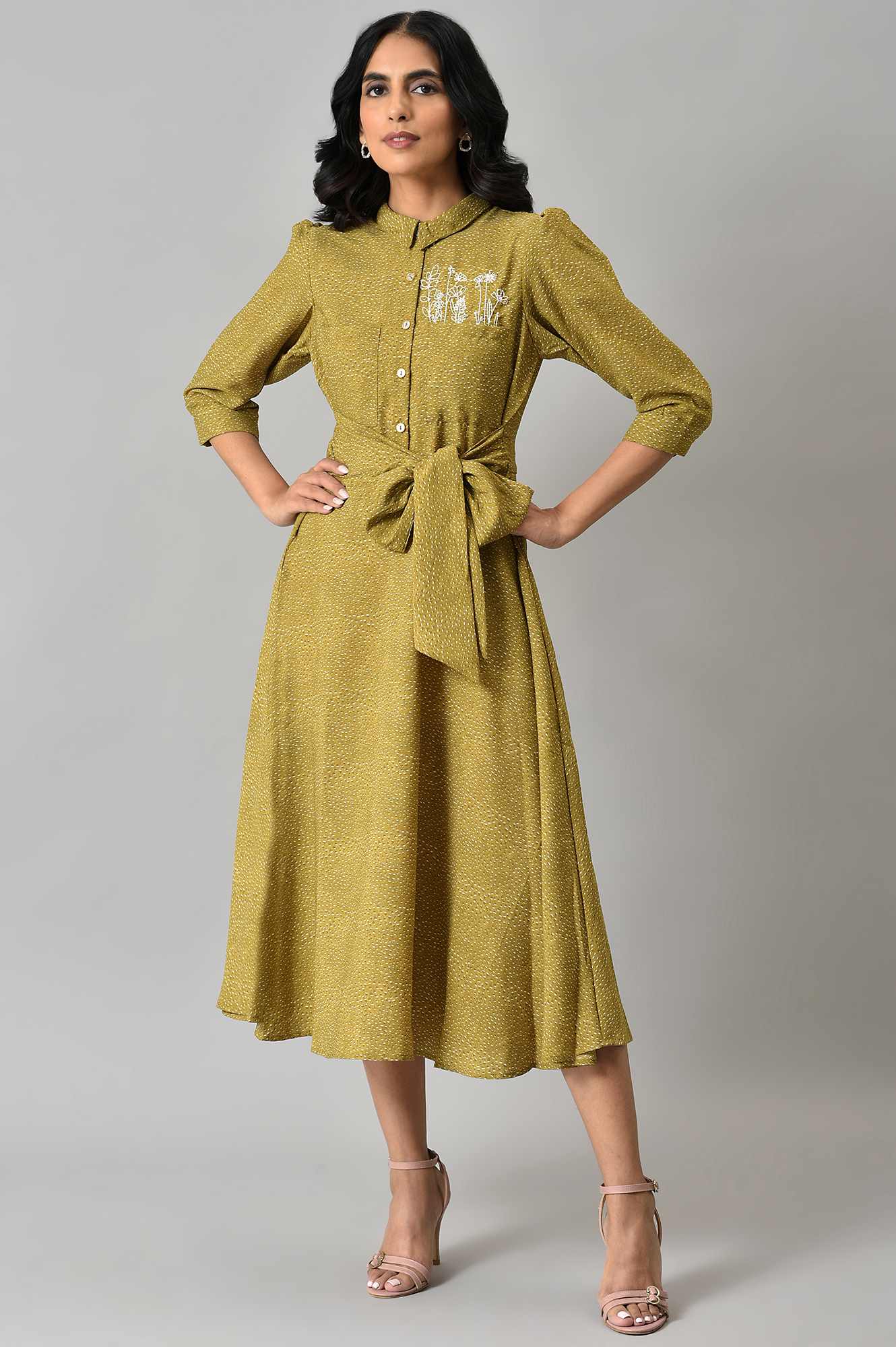 Dark Yellow Shirt Collar Embroidered Dress