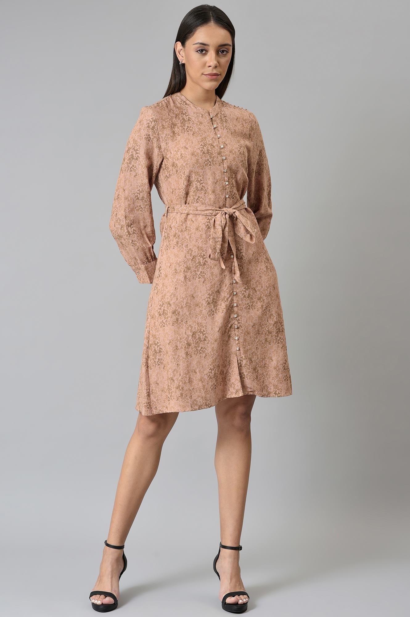 Blush Pink Cotton Textured Dress With Belt