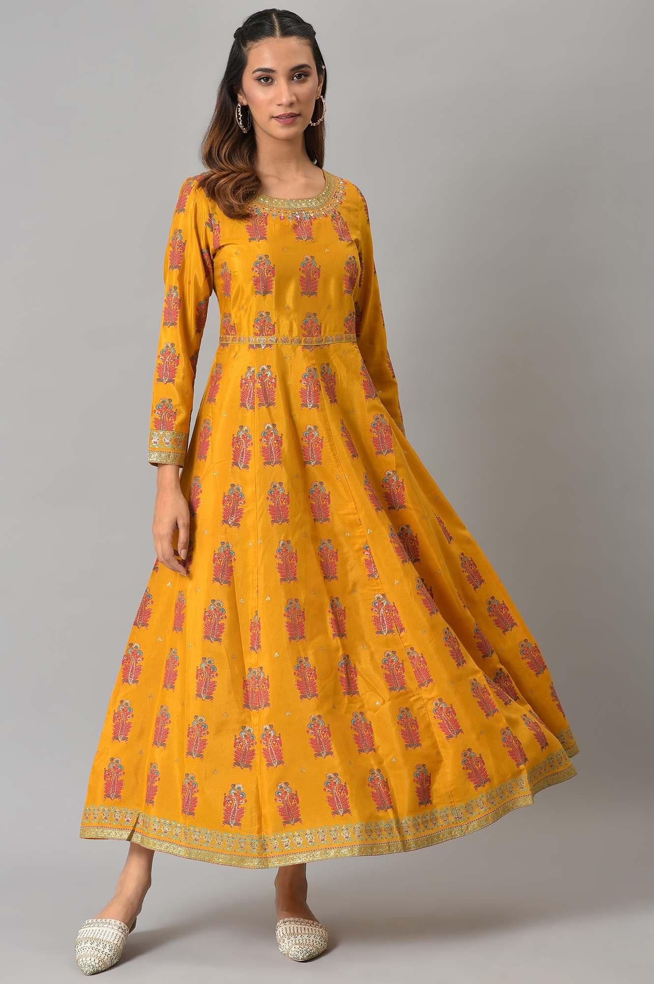 Mustard Paisley Printed Embroidered Ethnic Dress