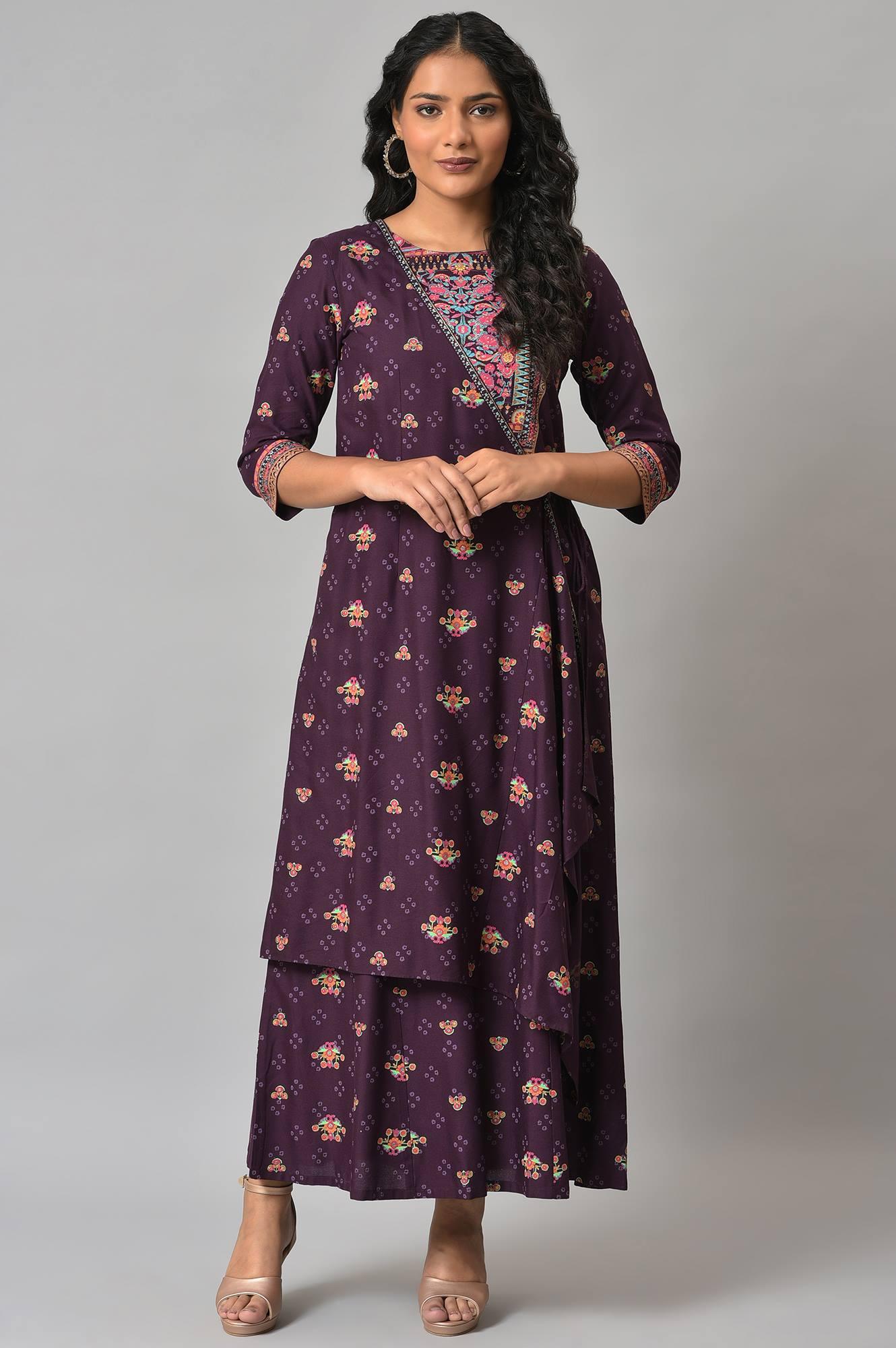 Dark Purple Printed Angrakha Jumpsuit