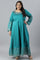 Teal Blue Glitter Printed And Embroidered Plus Size Dress