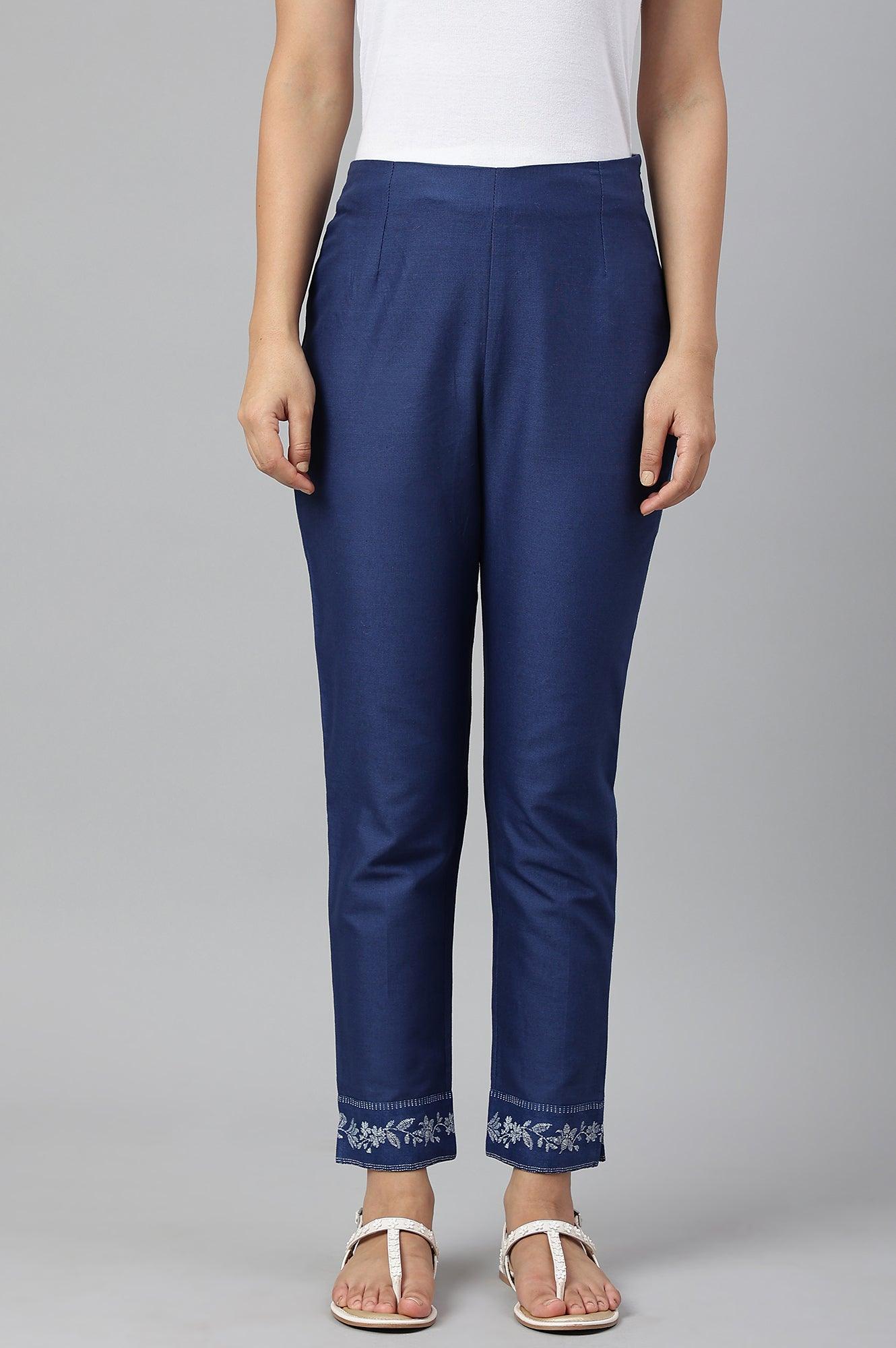 Indigo Blue Cotton Blend Slim Pants