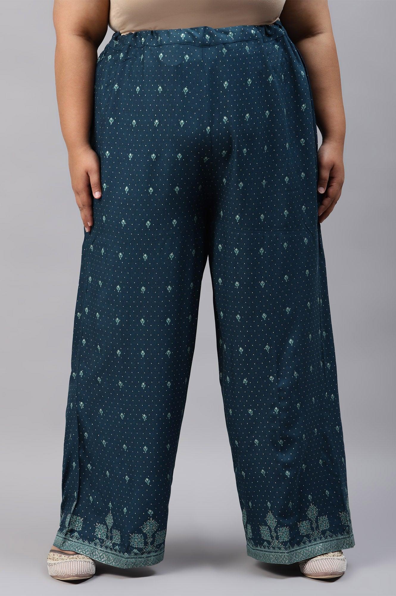 Plus Size Dark Blue Rayon Printed Parallel Pants