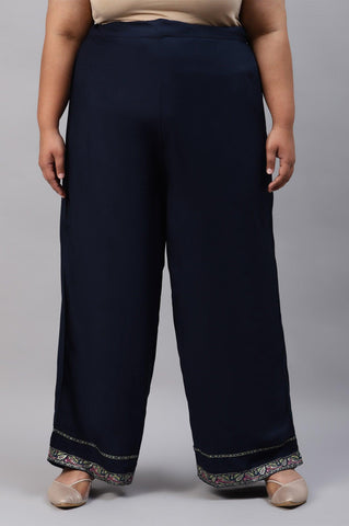 Plus Size Dark Blue Rayon Straight Parallel Pants