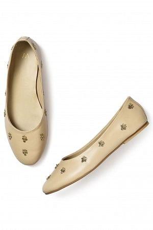 W Embroidered Beige Round Toe Flat