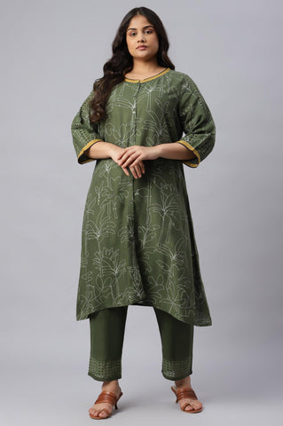 Dark Green Plus Size Landscape Print kurta With Pants