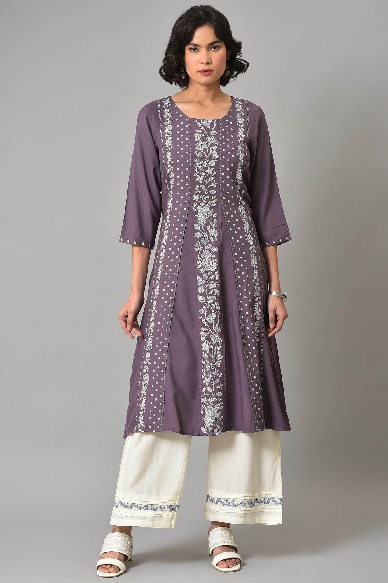 Dusky Purple Floral Printed kurta With Ecru Parallel Pants And Printed Dupatta