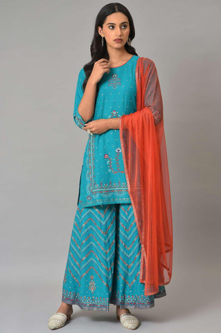 Teal Blue Festive kurta With Sharara And Orange Mesh Dupatta