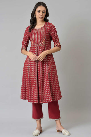 Maroon Mock Layer Festive kurta With Straight Pants